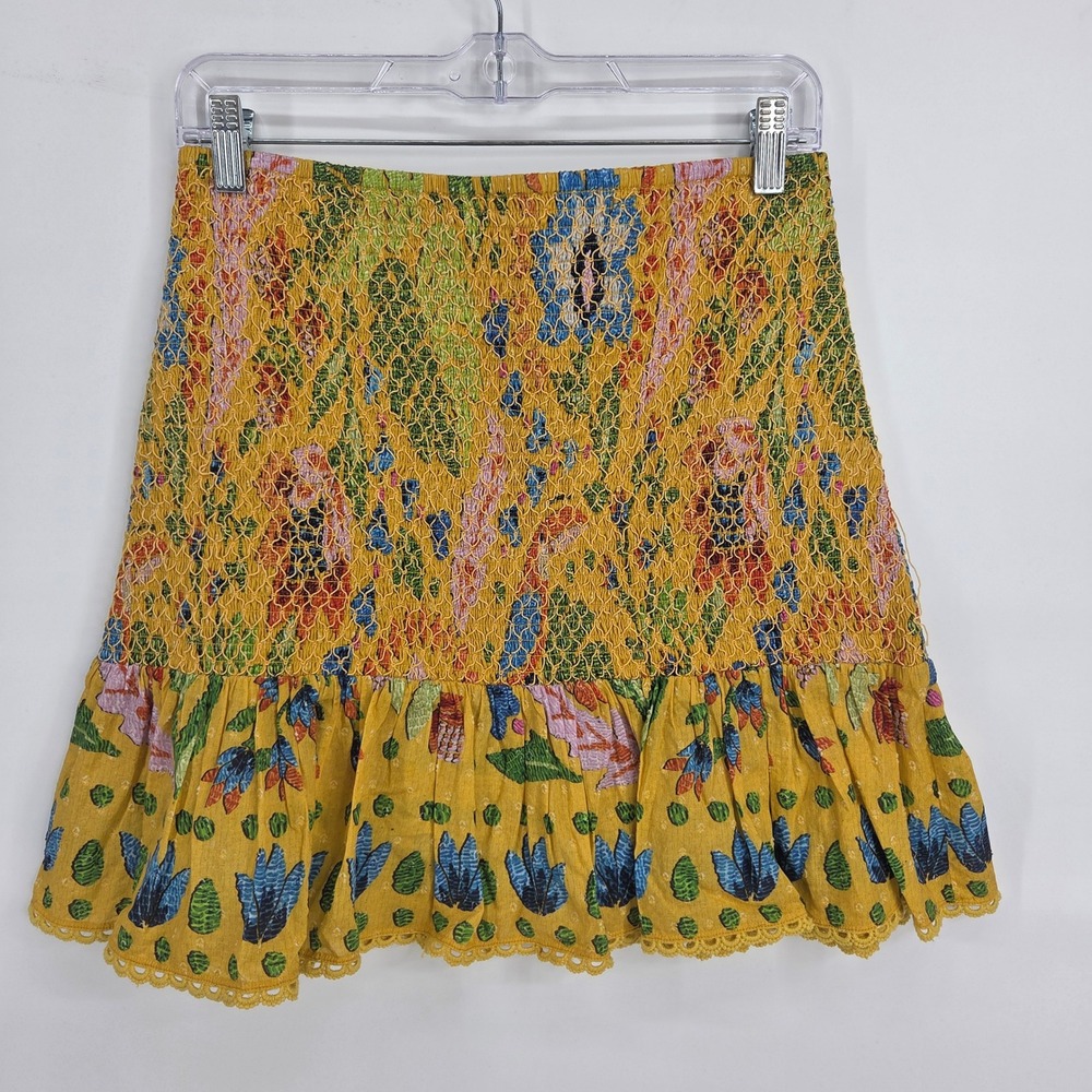 Farm Rio Mini Skirt M Yellow Floral Boho Tropical Smocked Ruffle Cotton